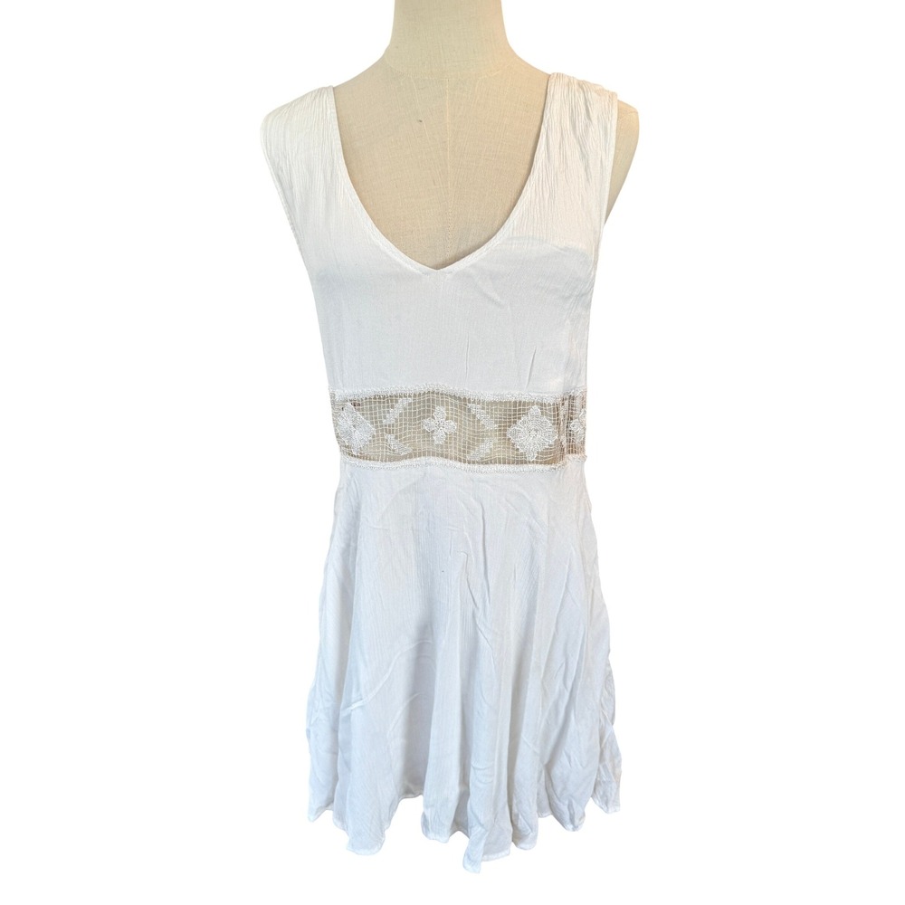 Freeā People White Gauze Crochet Lace Inset Mini Dress XS Sleeveless V-Neck Boho